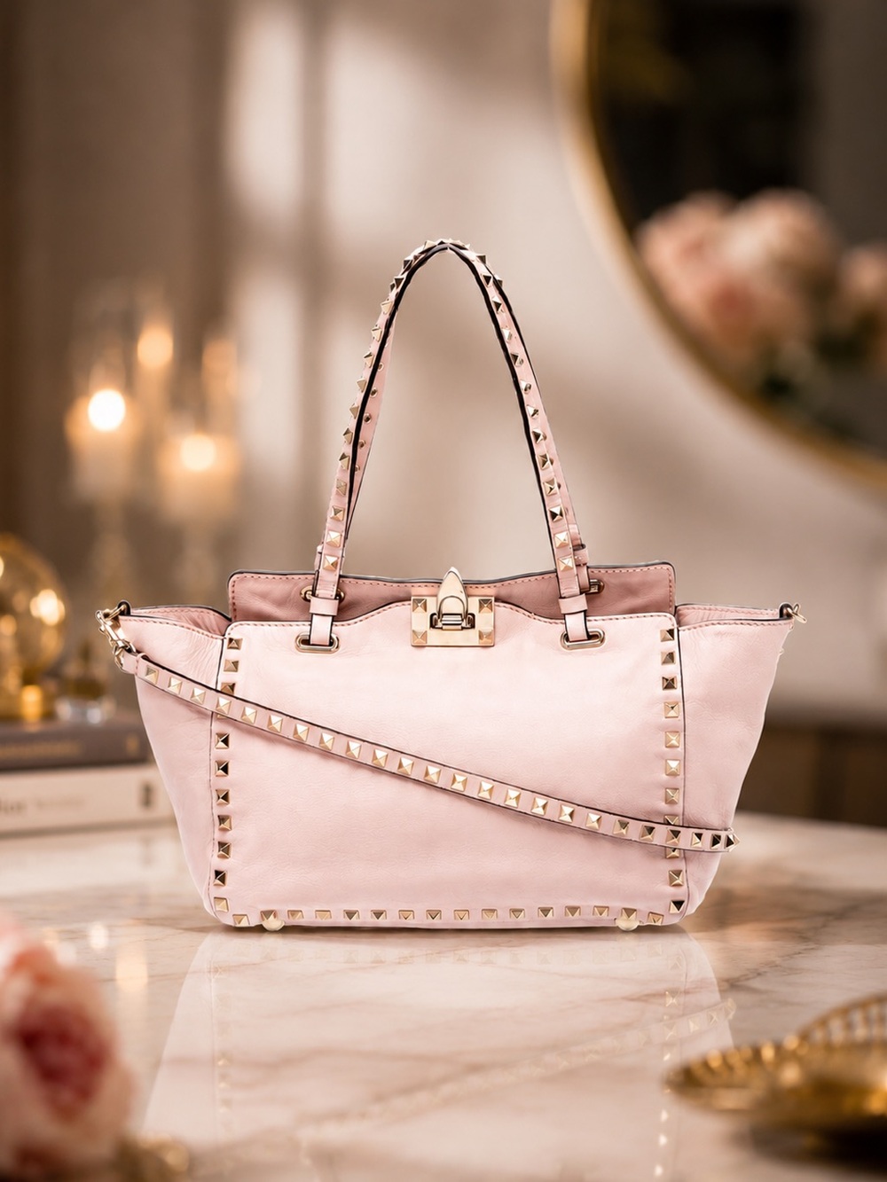 Valentino Garavani Rockstud Light Pink 2-Way Tote Bag | Gold Studs | Authentic